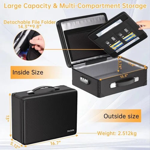 Vista 6 de DocSafe Caja de Documentos Ignífuga de 6400°F con Cerradura, Caja Fuerte de Caso Duro Aislada Térmicamente Ignífuga Resistente al Agua de 10 Capas