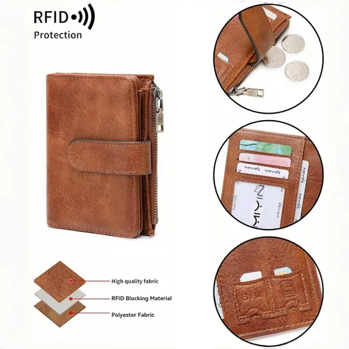 Vista 2 de Cartera pequeña de cuero vegano para mujer, billetera plegable y compacta con bolsillo para monedas con cremallera, Negro, Moderno