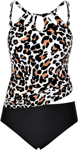 Vista 5 de Hilor Traje de baño tankini para mujer, cuello alto, dos piezas, traje de baño con agujero de cerradura, tankini con pantalones cortos