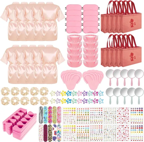 Vista 12 de 122 piezas Kit de fiesta de spa rosa y rosa intenso para niñas, paquete de 10 recuerdos de fiesta de pijamas con batas de satén, bolsas de mano