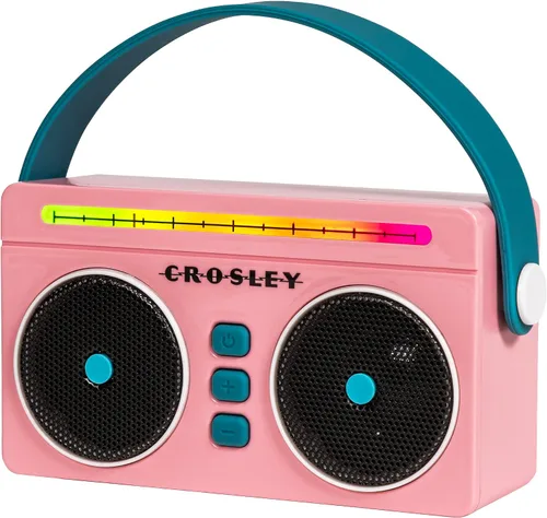 Vista 8 de Crosley CR3050A-FG Mini Boombox Altavoz Bluetooth Portátil Retro con Luces LED, Flamingo