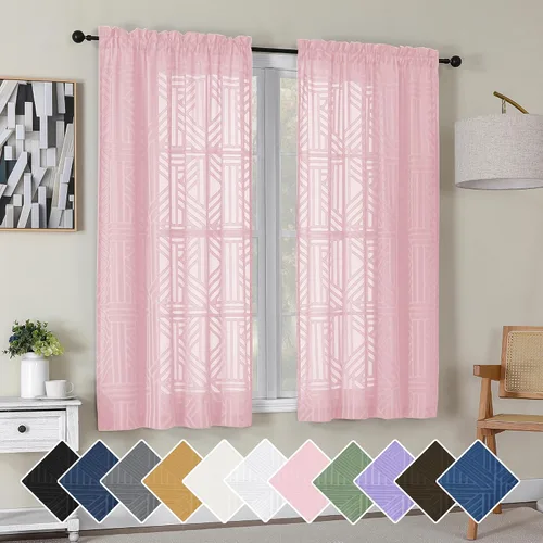Vista 47 de Simplebrand Cortinas traslúcidas negras de cocina de 24 pulgadas de largo, 2 paneles, filtrado de luz, geométrico jacquard con textura, cortinas