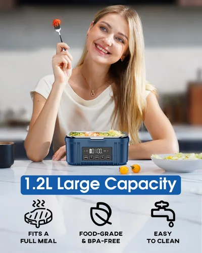 Vista 3 de Fiambrera eléctrica inalámbrica para adultos – Fiambrera calentada a batería con recipiente de acero inoxidable de 1.2 L, función de temporizador