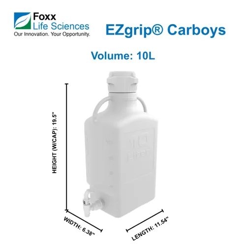Vista 2 de Foxx Life Sciences 152-2211-OEM EZgrip HDPE Space Saving Carboy with Leakproof Spigot, 83mm VersaCap, 10L Capacity