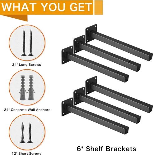 Vista 6 de 6 piezas soportes de estante negros de 4 pulgadas resistentes para estantes de pared de metal, soportes de estantería flotantes industriales