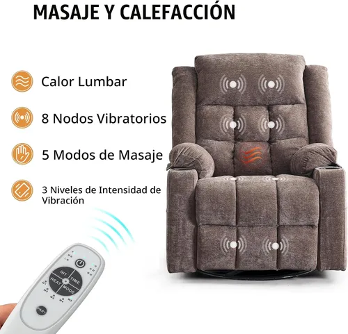 Vista 4 de Ketaiyou Silla reclinable giratoria eléctrica para adultos con masaje y calor, puertos USB y tipo C, posición infinita, sillón reclinable eléctrico