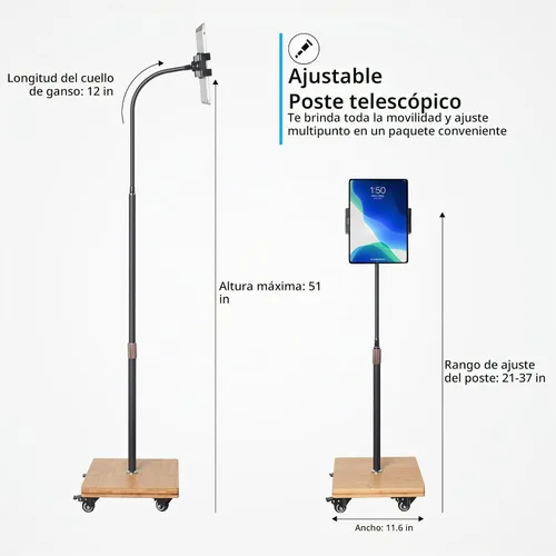 Vista 6 de wishacc Soporte de Piso para Tableta para Cama - Soporte de Tableta con Cuello de Cisne con Altura Ajustable y 4 Ruedas, Compatible con iPad mini
