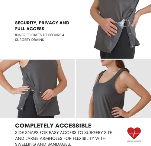 Vista 8 de Inspired Comforts Camiseta sin mangas de recuperación de mastectomía poscirugía con bolsillo de drenaje y acceso a presión