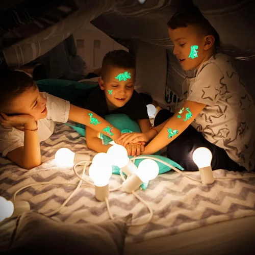 Vista 5 de 300 tatuajes temporales luminosos para niños, tatuajes falsos para niños, juego de 30 hojas a granel con tatuajes falsos impermeables y de larga