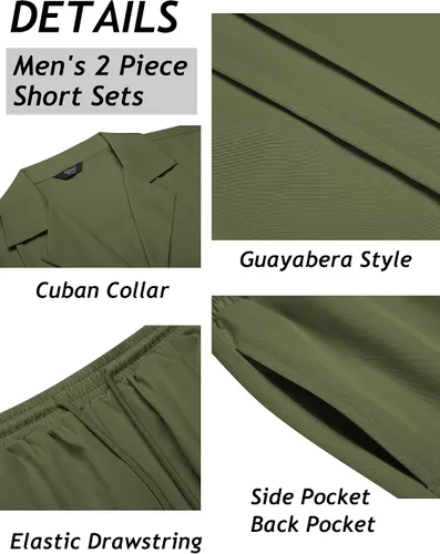 Vista 5 de COOFANDY Conjunto corto de 2 piezas para hombre, camisa con botones Guayabera, casual, trajes de playa de verano Verde militar