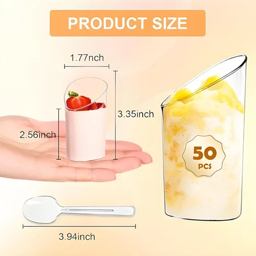 Vista 2 de Paquete de 100 mini tazas de postre de 2.7 onzas con cucharas, tazas pequeñas de plástico para postre de parfait transparente, tazas redondas
