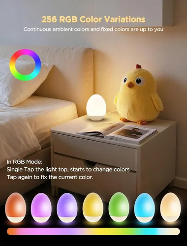 Vista 2 de Luz de huevo para guardería, luz nocturna de bebé 256 RGB, luz nocturna recargable para niños, lámpara de noche portátil pequeña inalámbrica