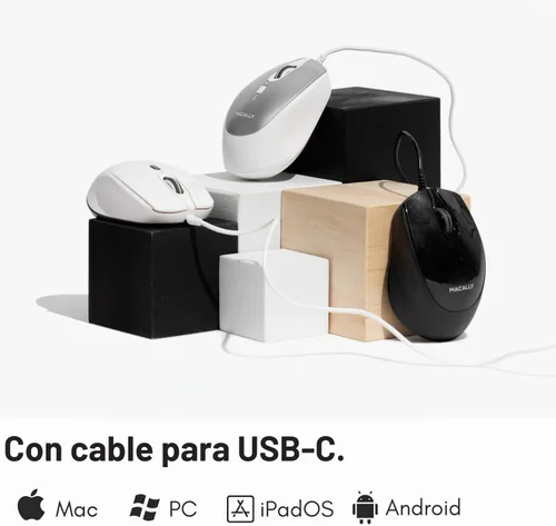 Vista 2 de Macally Ratón USB C con cable, preciso, cómodo y silencioso, mouse tipo C para Mac, MacBook Pro/Air, iMac, Apple iPad, computadora con Windows Negro