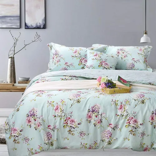 Vista 26 de FADFAY Juego de funda de edredón floral 100% algodón a rayas verdes y beige, ropa de cama de flores desgastadas con diseño de ramas botánicas