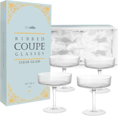 Vista 8 de Crutello Copas de champán Coupé, juego de 4-7 onzas, rosa, acanalado Rosa rubor