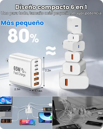 Vista 5 de FEEL2NICE Paquete de 2 cargadores USB C de 65 W, cargador rápido de pared de 6 puertos [3 PD USB-C y 3 QC 3.0 USB-A], adaptador compacto para iPhone