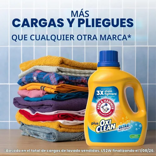 Vista 3 de ARM & HAMMER Plus OxiClean Ultra Stain Fighters - Detergente líquido para ropa Removedor de manchas para ropa, aroma a prado limpio, 74 cargas