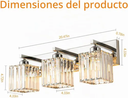 Vista 6 de Moderna lámpara de pared/tocador de baño de cristal, color cromo, de 3 luces Cromo Recto
