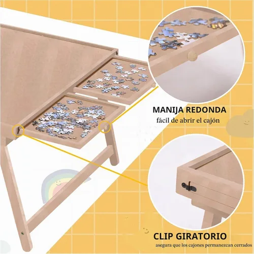 Vista 2 de Mesa de rompecabezas con cajones, 1500 piezas, tablero de rompecabezas y patas plegables (color almendra)