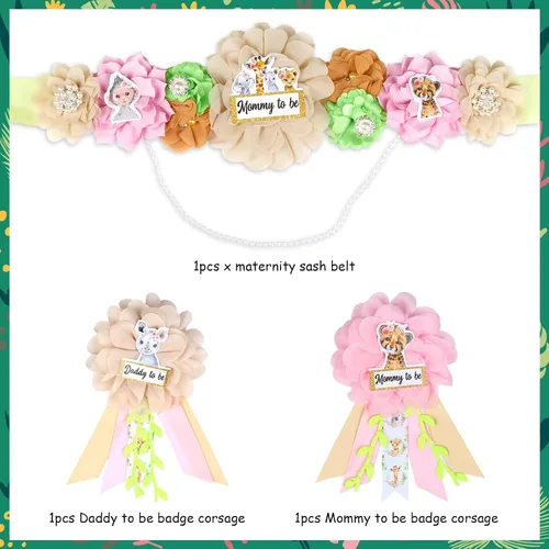 Vista 6 de Jungle Safari Baby Shower Sash Girl - Cinturón de maternidad de animales de safari para baby shower, ramillete de insignia para decoraciones de baby
