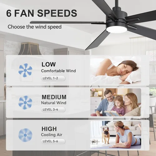 Vista 5 de 52 Inch Ceiling Fan with Light and Remote, Modern Black Ceiling Fans for Bedroom Living Room, 6-Speed Reversible DC Motor, 3CCT LED Lighting