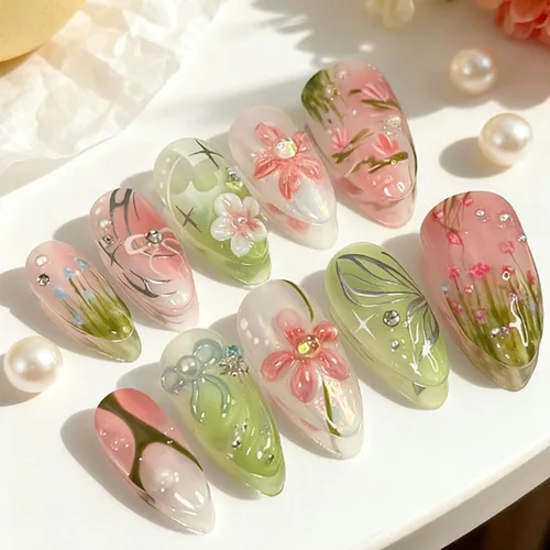 Vista 21 de Uñas postizas a presión con punta francesa, uñas postizas medianas con flores 3D, concha de perla, diseño de estrellas de mar, uñas blancas a
