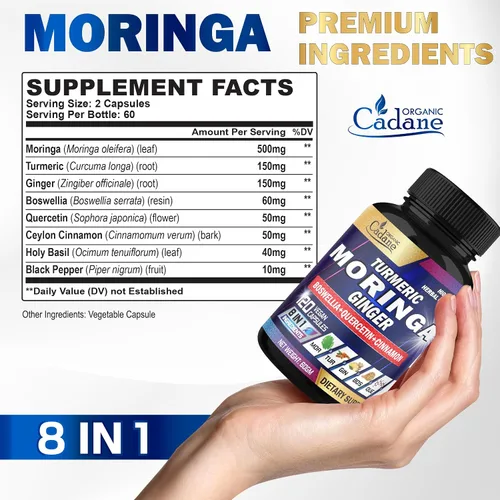 Vista 2 de Organic Cadane Suplemento de hoja de moringa, cúrcuma, jengibre, suministro de 2 meses, 120 cápsulas veganas