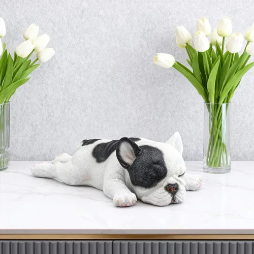 Vista 6 de Figura de bulldog francés durmiendo, estatua creativa de bulldog de resina, linda escultura de bulldog para decoración del hogar y la oficina