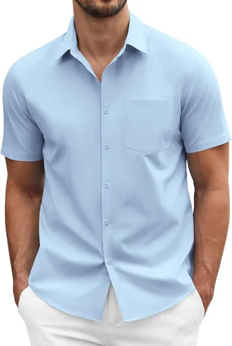 Vista 20 de COOFANDY: camisa casual de manga corta con botones para hombre, de negocios, sin doblar con bolsillo