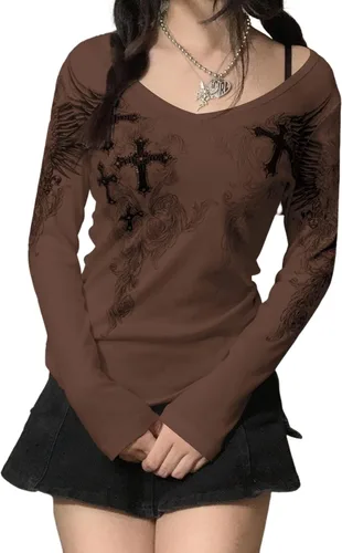 Vista 2 de Camisa de hada para mujer, de manga larga, con estampado vintage, cuello redondo, estética, ajustada, ropa de grunge