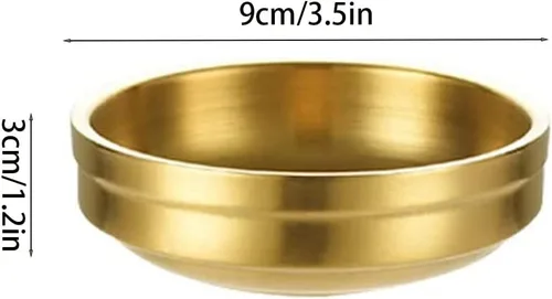 Vista 7 de Paquete de 4 platos dorados de acero inoxidable para salsa de soja, cuencos de inmersión de doble cubierta, cuencos pequeños para condimentos, mini