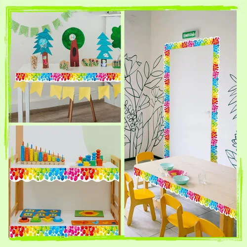Vista 4 de Bordes de tablón de anuncios de 60 pies, patrón de globos de color, borde ondulado enrollado para escuela, aula y oficinas