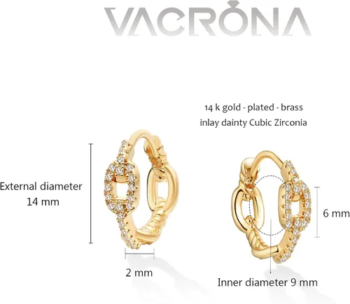 Vista 6 de VACRONA - Aretes huggies (de presión), pequeños, livianos y simples, en forma de argollaarracada, chapados en oro de 14 quilates, con circonia