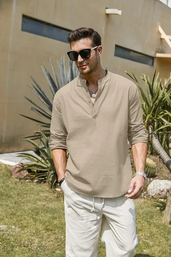 Vista 3 de COOFANDY - Camisa de lino y algodón con cuello Henley, de manga larga, estilo hippie, informal, camisetas de playa