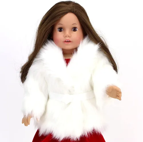 Vista 4 de Sophia's - Abrigo de invierno de piel sintética de marfil para muñeca de 18" con gran collar y cierre de lazo con capullos de rosa