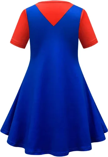 Vista 2 de Garperkids Disfraz de Mariio de dibujos animados de manga corta, acampanado, vestido de patinadora de giro, para niñas, Halloween, cosplay, vestido