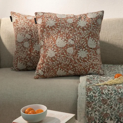 Vista 3 de Juego de 2 fundas de almohada decorativas de algodón indio vintage con estampado a mano (marrón ladrillo, 18 x 18 pulgadas (paquete de 2))