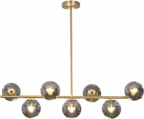Vista 9 de KCO Iluminación Moderna Candelabro Colgante Lineal de Latón con 7 Luces de Cristal Dorado y Blanco, Iluminación Colgante Globo de Mediados de Siglo