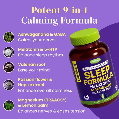 Vista 3 de Ayuda para dormir de melatonina 9 en 1 para adultos, fabricado en Estados Unidos, probado en laboratorio con melatonina 5 mg y 108 mg de magnesio