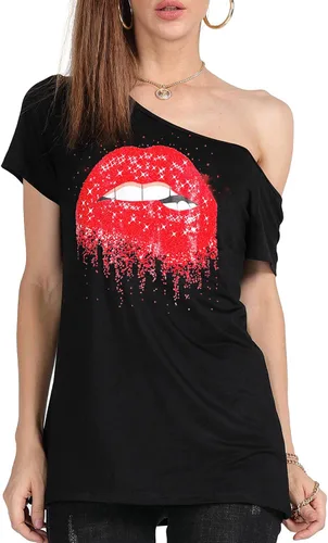 Vista 83 de MAGICMK - Camiseta casual para mujer, con estampado de labios y hombro descubierto, talla extragrande