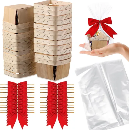 Vista 11 de Kigley Juego de 24 mini cestas de regalo de madera con bolsas de celofán y lazos, kit de cestas pequeñas de bayas vacías de 4 pulgadas