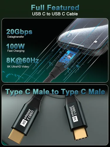Vista 2 de Cable Corto USB C para Monitor 1 Pie - 8K@60Hz Cable de Video USB-C - Carga Rápida PD 100W - Transferencia de Datos USB 3.2 Gen 2 20Gbps, Cable