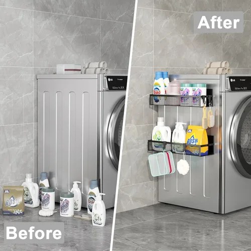 Vista 6 de Aufworld Estante magnético para especias para refrigerador, paquete de 2 estantes magnéticos, organizador magnético para refrigerador con 4 ganchos