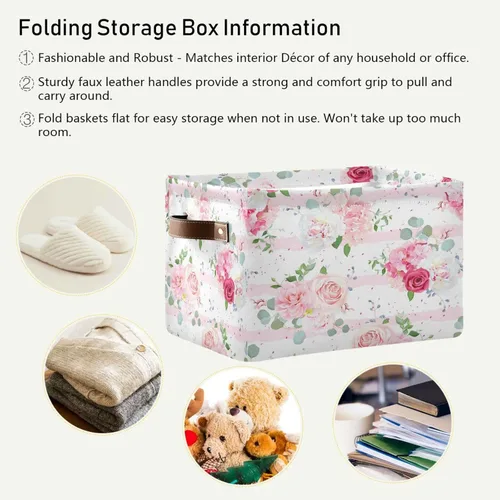 Vista 5 de Cesta de almacenamiento plegable con asas de cuero, con estampado de flores florales, organizador para estante Bethroom, armario, oficina, hogar, 1