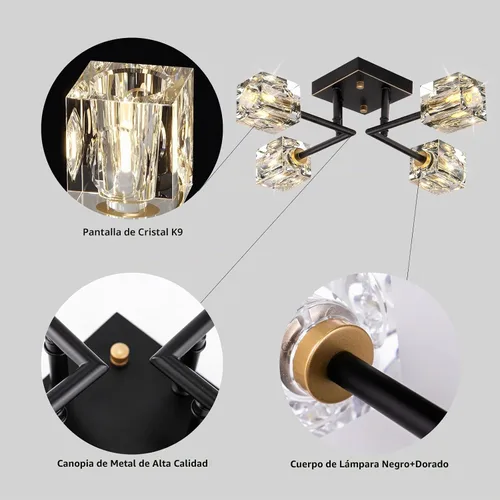 Vista 6 de Lámpara de techo moderna de cristal, lámpara de techo semiempotrada con 4 luces, candelabros Sputnik negros y dorados para dormitorio, comedor