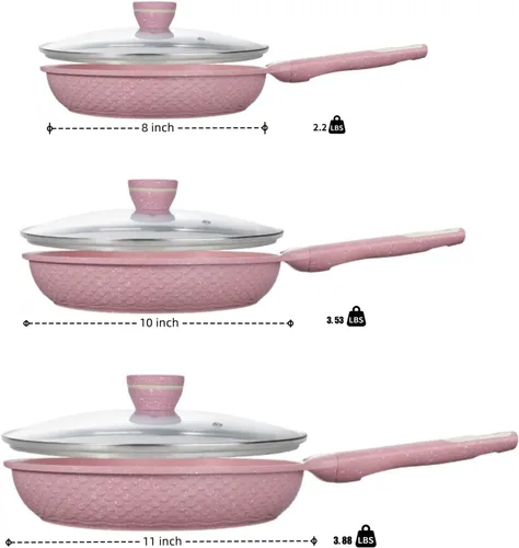Vista 2 de Juego de 6 piezas de sartenes antiadherentes con tapas (8, 10, 11 pulgadas) para tortilla y huevo - 100% libre de PFOA/PFAS, antiadherente avanzado