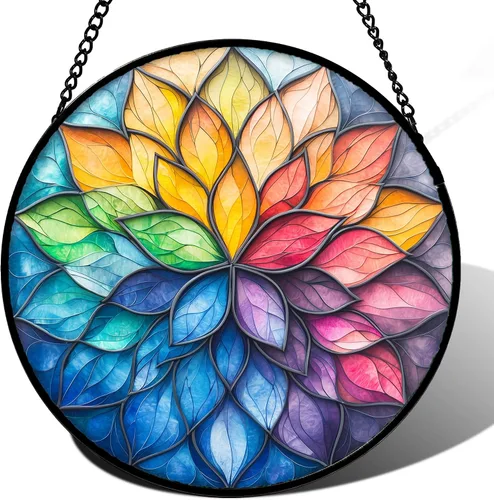 Vista 12 de DASTOLL Conjunto de 4 Piezas de Vidriera Manchada para Colgar en Ventanas, Tema de Flores Púrpuras, 16 cm - Atrapasoles de Tulipán para Puerta Juego