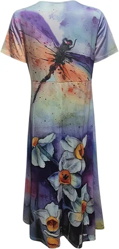 Vista 2 de QFVZHY Vestidos de verano 2023 para mujer, casual, a la moda, estampado floral, manga corta, cuello en V, vestidos con vuelo, tallas S-2XL