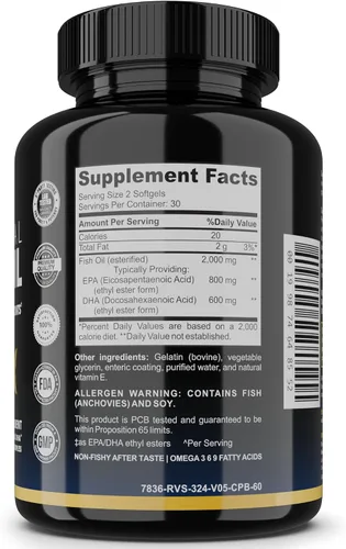 Vista 2 de Suplemento de aceite de pescado Omega 3 para mujeres y hombres - Triple fuerza 1,400 mg Omega-3 EPA/DHA - Omegas capturados en la naturaleza 3-6-9