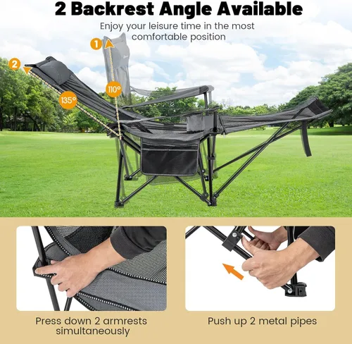 Vista 4 de GYMAX Silla de campamento, silla reclinable ajustable con reposapiés extraíble, almohada acolchada, portavasos y bolsillo lateral, silla plegable